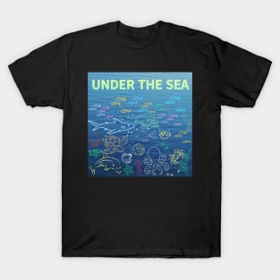 under the sea,blue sea,sea creatures,Turtle, puffer fish, starfish, shrimp, shark, tropical fish, sea horse, seaweed, sardines, squid, crabs, clams T-Shirt